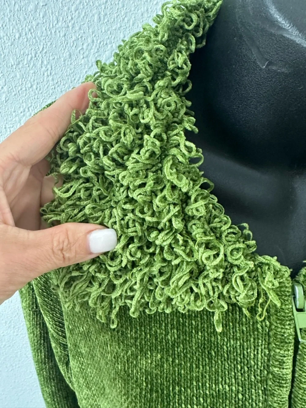 Lisa international Green Chenille‎ Zip Cardigan with Textured Collar & Pockets